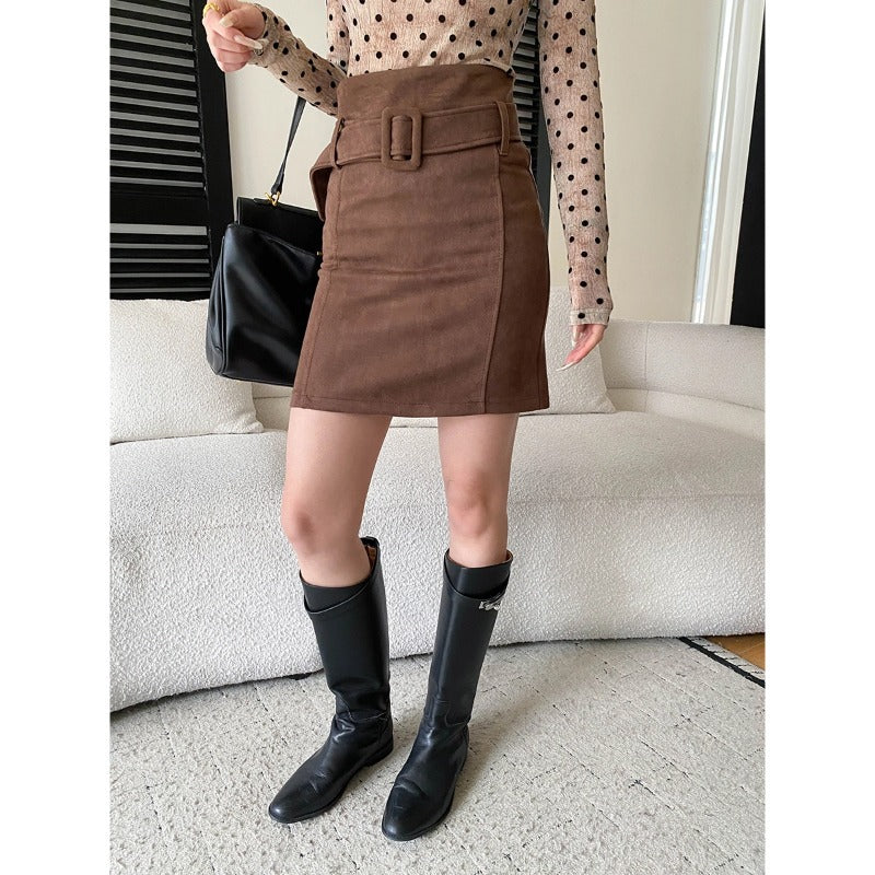 Damen eleganter Minirock aus weichem Wildleder mit breitem Bund und Gürtel Drune