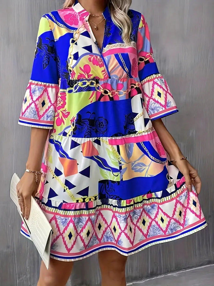 Damen Freizeitkleid mit buntem Grafikdesign und ausgestellten Ärmeln Drune