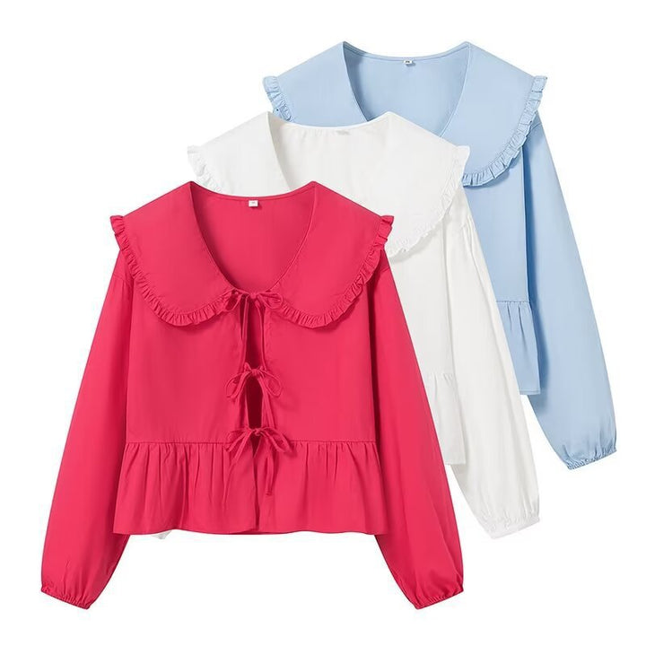 Damen Rüschige Cropped-Bluse mit übergroßem Kragen, Bindebändern und tailliertem Peplum Drune