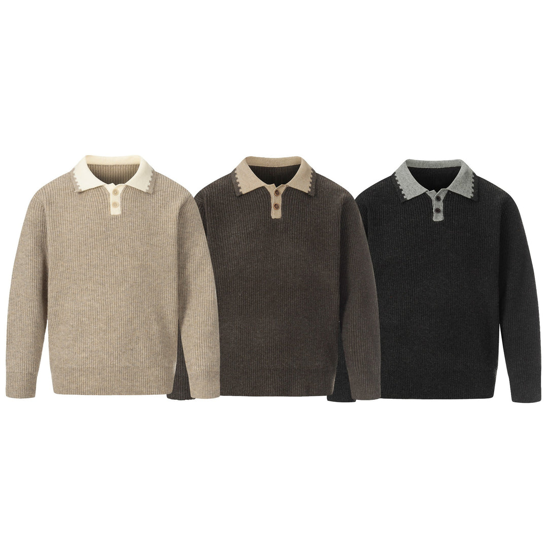 Herren Grobstrick-Polopullover mit Kontrastkragen und Halbknopfleiste Drune
