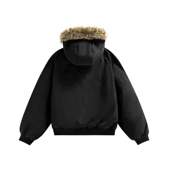 Unisex Wattierte Bomberjacke mit Kunstfellkapuze, geripptem Saum und Utility-Taschen Drune
