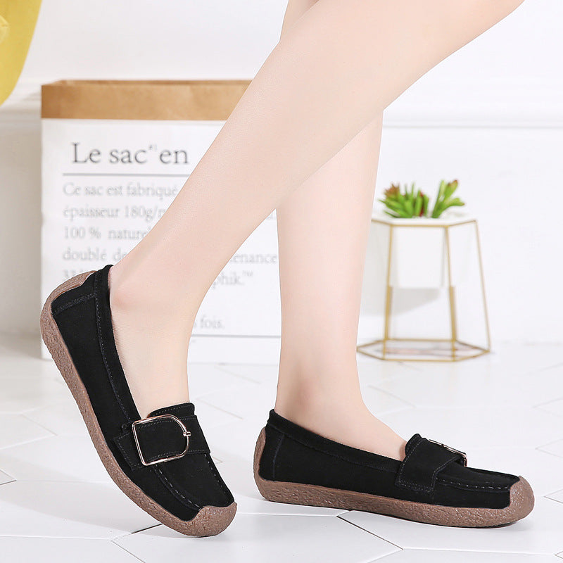 Damen nan Mokassin-Slipper aus Veloursleder mit dekorativer Metallschnalle, gepolstertem Fußbett und rutschfester Gummilaufsohle Drune