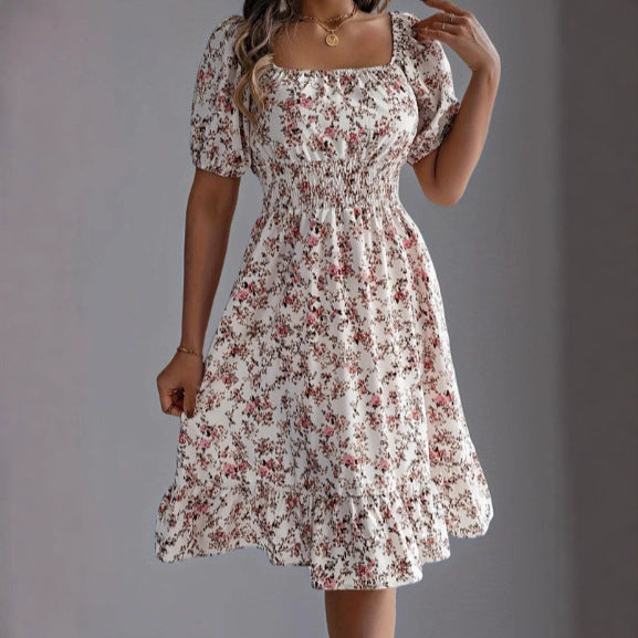 Damen sommerliches Blumenkleid mit Puffärmeln und Rüschensaum Drune