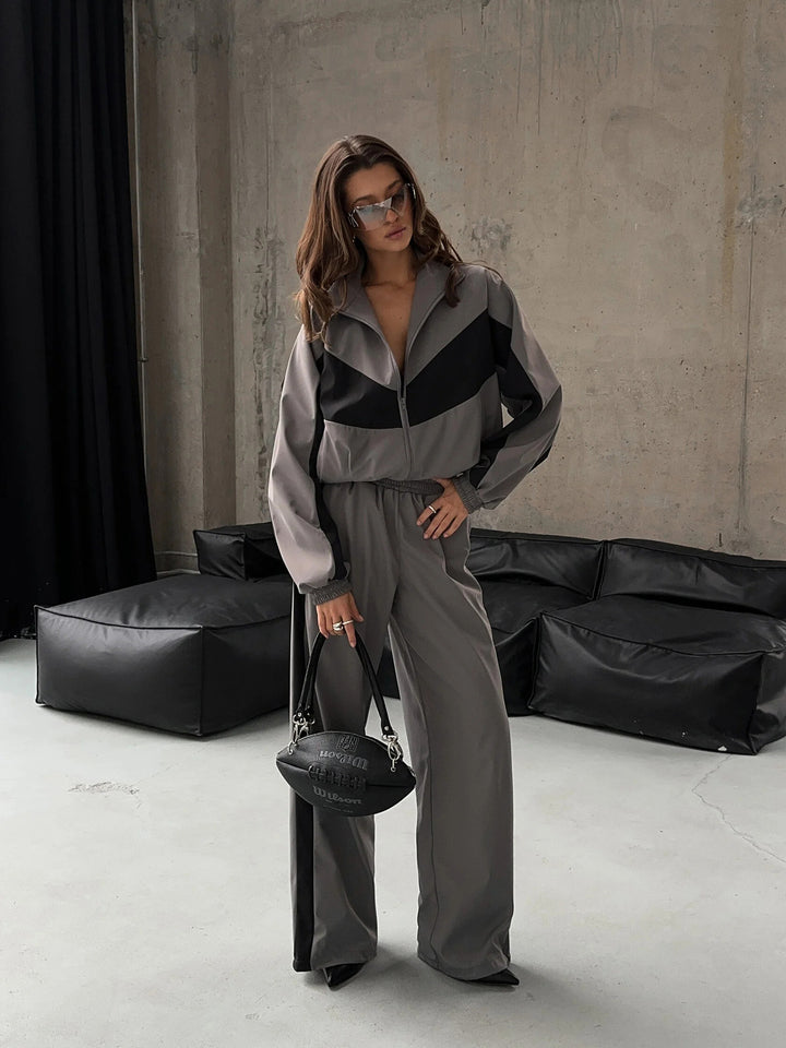 Damen sportives Zweiteiler-Set aus Oversize-Trackjacke mit Reißverschluss und weitem Bundfalten-Hose Drune