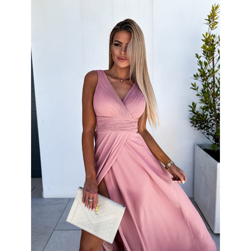 Damen Plissiertes V-Ausschnitt Abendkleid mit Hohem Schlitzdetail Drune