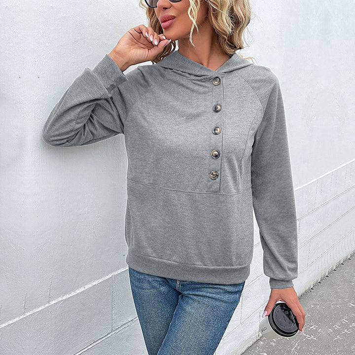 Damen Kapuzenpullover mit Zierknopfleiste, Raglanärmeln und Kängurutasche Drune