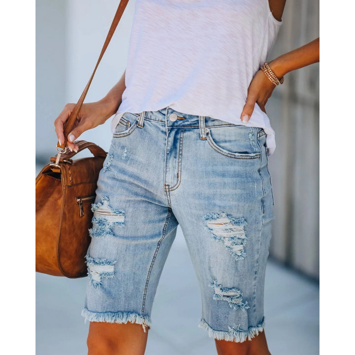 Damen Destroyed Denim Shorts im lässigen Schnitt mit fransigen Säumen Drune
