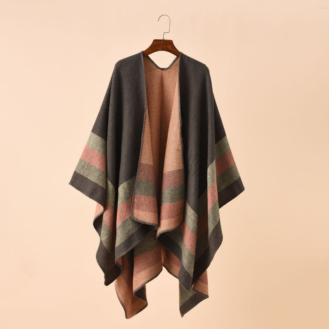 Damen Wolloptik-Poncho mit asymmetrischen Blockstreifen und Zierstichkante Drune