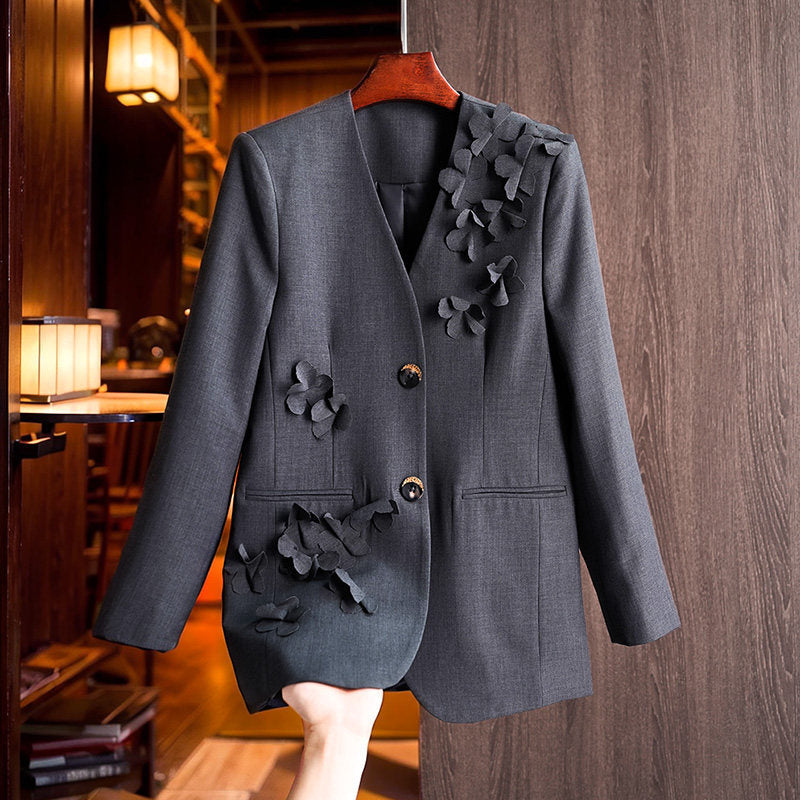 Damen Modischer Blazer mit 3D-Blüten-Details Drune