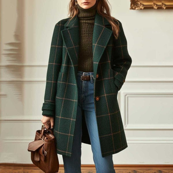 Damen nan karierter Wollmix Mantel mit Reverskragen, aufgesetzten Taschen und taillierter Silhouette Drune