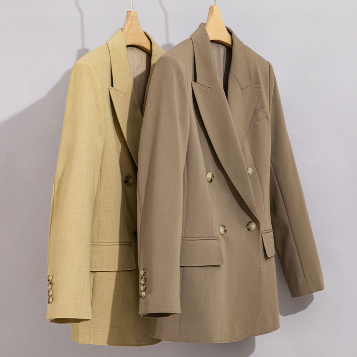 Damen Doppelreihiger strukturierter Blazer mit markantem Revers und Pattentaschen Drune