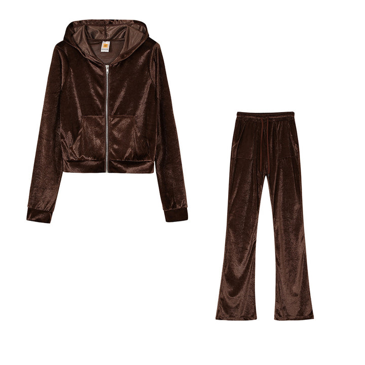 Damen Sportliches Set aus samtiger Kapuzenjacke und weiten Jogginghosen Drune