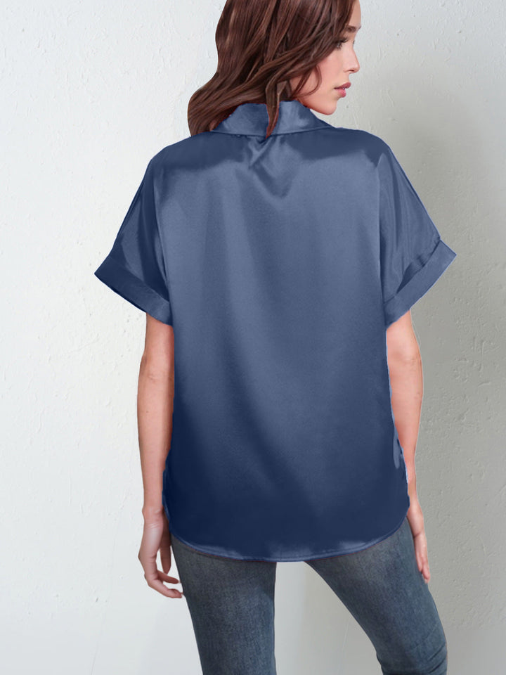 Damen Satin-Bluse mit großem Kragen und überschnittenen Schultern Drune