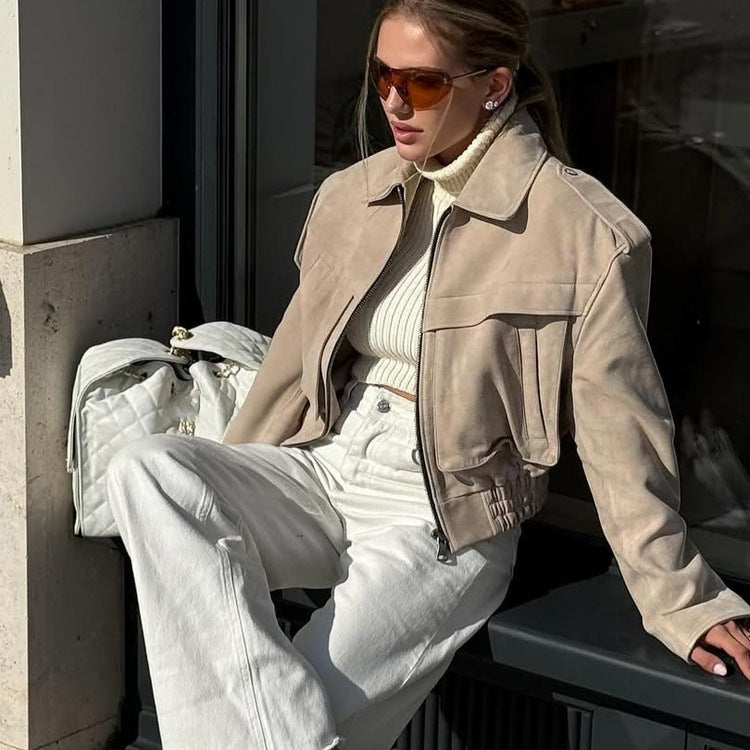 Damen Kurzblouson aus Veloursleder‑Optik mit Oversize‑Schulter und verdecktem Reißverschluss Drune