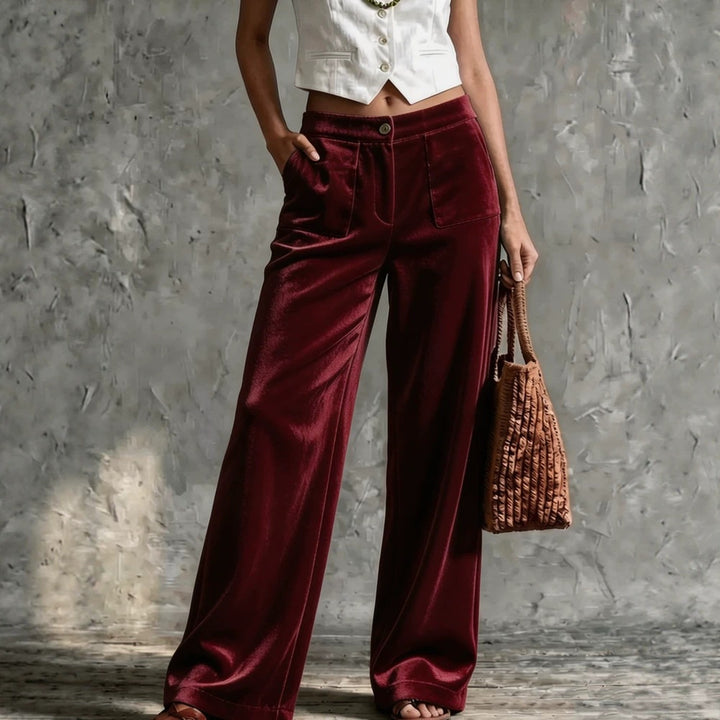 Damen Weite Samt-Palazzohose mit hoher Taille und aufgesetzten Taschen Drune