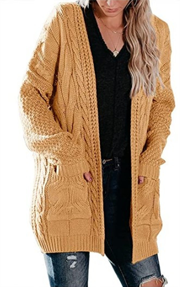 Damen Grobstrick Cardigan mit offenen Taschen und voluminösen Ärmeln Drune