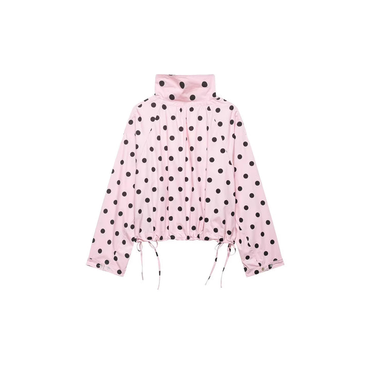 Damen Gepunktete Cropped-Übergangsjacke mit hohem Stehkragen, Tunnelzug und Oversize-Ärmeln Drune
