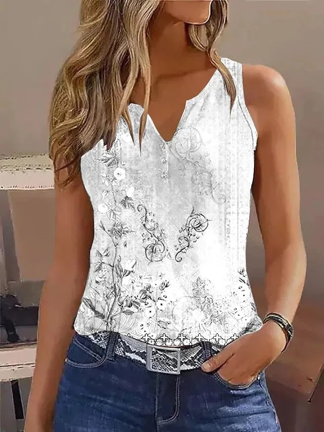 Damen ärmelloses Oberteil mit elegantem floralem Design und ausgefallenem V-Ausschnitt Drune