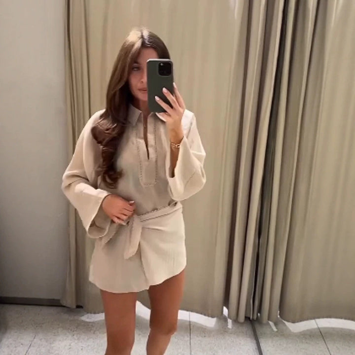 Damen Leichtes Crinkle-Zweiteiler mit Oversized-Hemd und Wickel-Minirock Drune