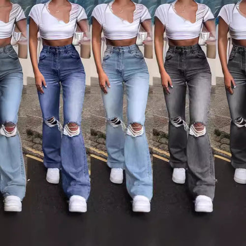 Damen Vintage Schlagjeans mit modischen Rissdetails und hohem Bund Drune