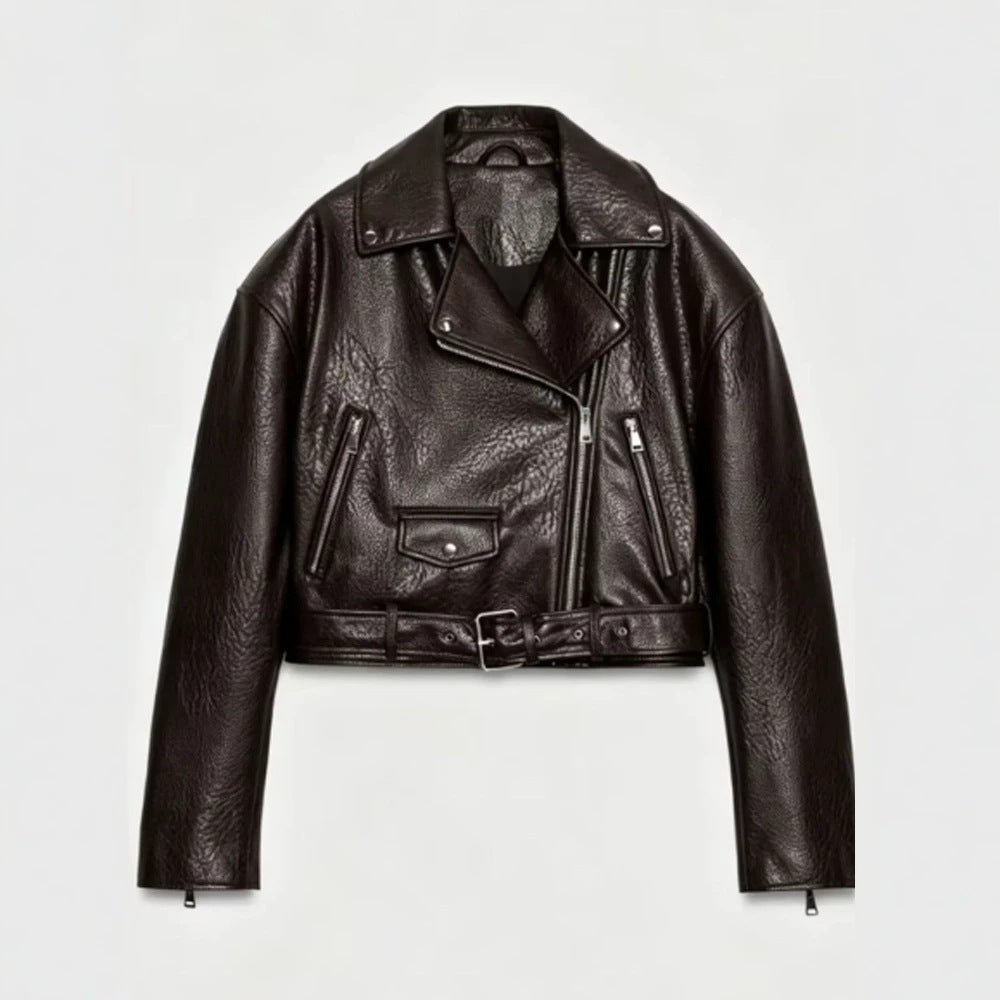 Damen Kurz geschnittene Bikerjacke aus Kunstleder mit Taillengürtel und asymmetrischem Reißverschluss Drune