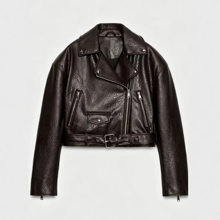 Damen Kurz geschnittene Bikerjacke aus Kunstleder mit Taillengürtel und asymmetrischem Reißverschluss Drune