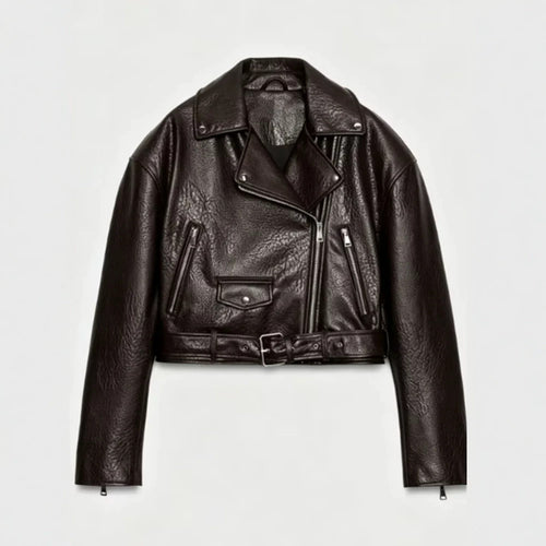 Damen Kurz geschnittene Bikerjacke aus Kunstleder mit Taillengürtel und asymmetrischem Reißverschluss Drune