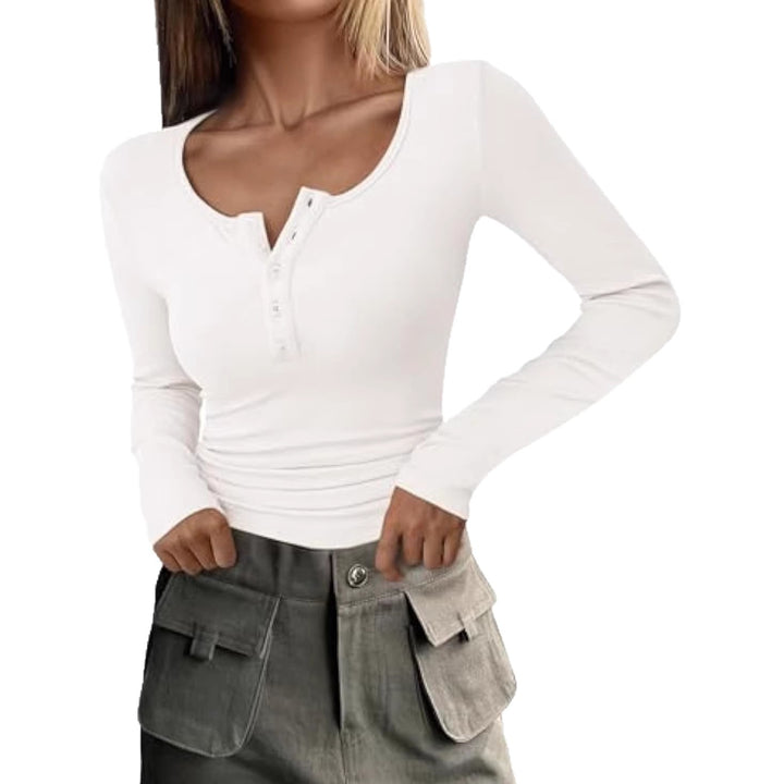 Damen Langärmeliges Rippshirt mit Henley-Knopfleiste und taillierter Passform Drune