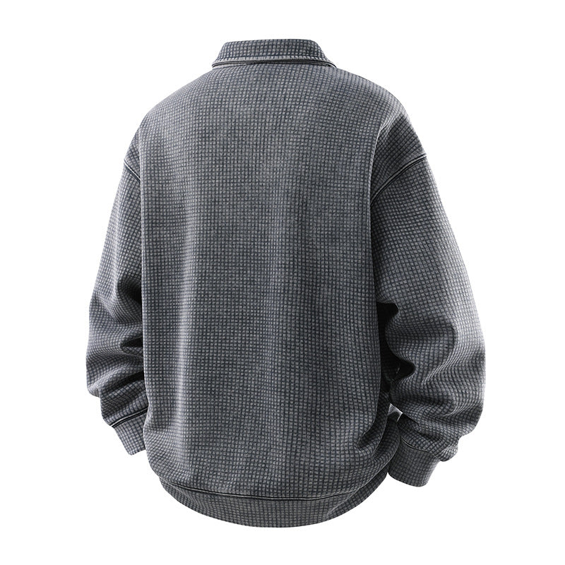 Herren Waffelstruktur-Poloshirtpullover mit Kragen und verdeckter Knopfleiste Drune