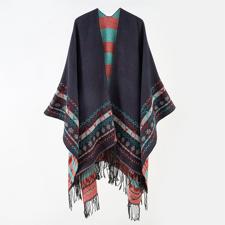 Damen Wollmix-Kimono-Poncho mit Norwegerbordüre und Fransen Drune