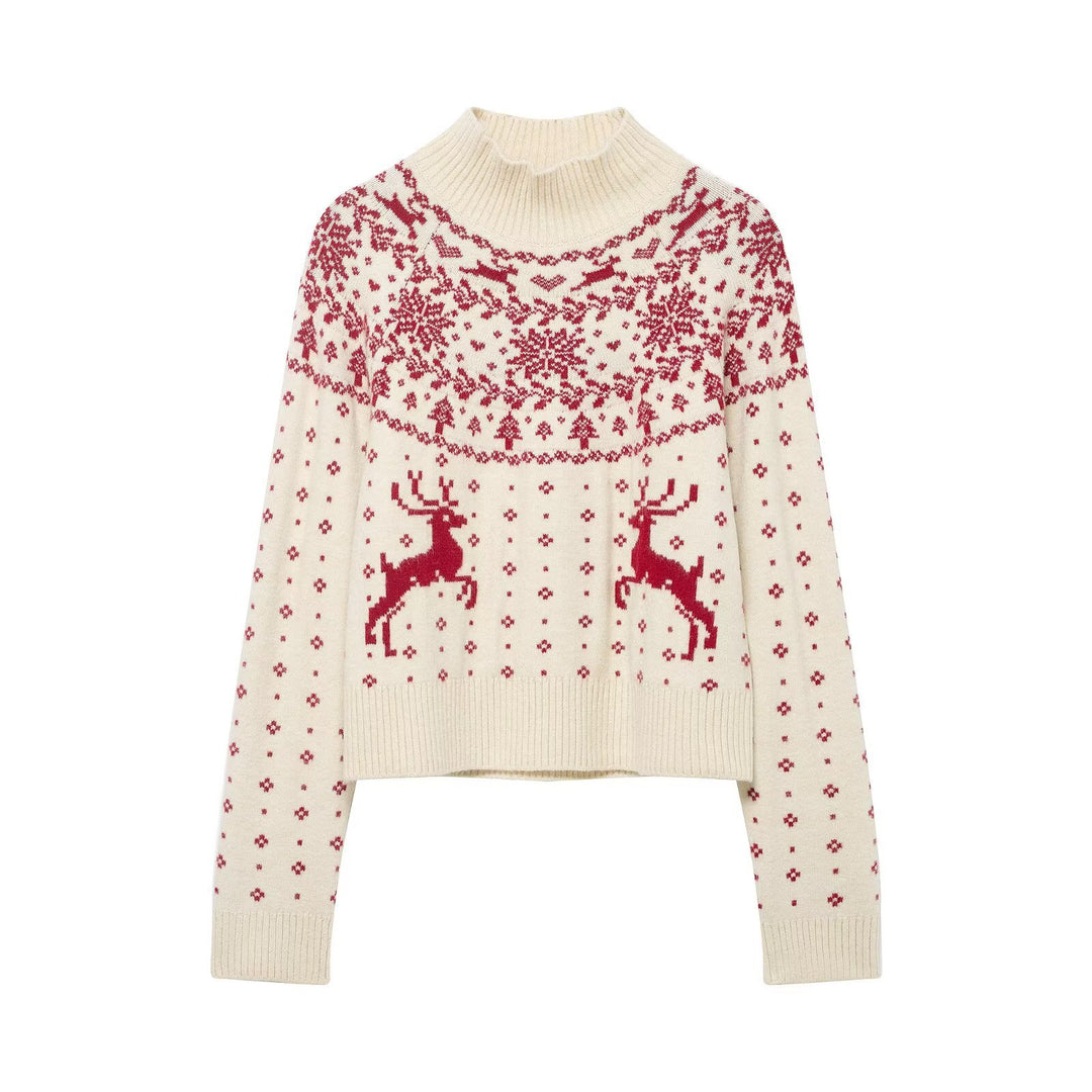 Damen kurzer Norwegerstrickpullover mit hohem Rippkragen und Rentiermotiv Drune