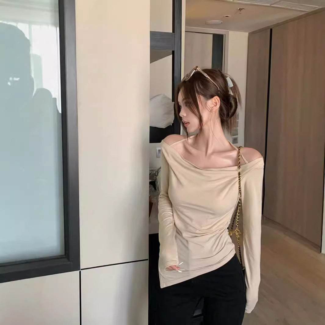 Damen schulterfreies Cowl-Longsleeve mit feinen Spaghettiträgern und sculptender Taillenpassform Drune