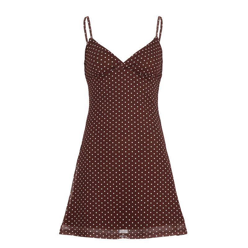 Damen süßes Spaghettiträger-Kleid mit Punktmuster und fließendem Schnitt Drune
