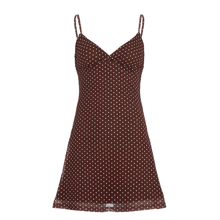 Damen süßes Spaghettiträger-Kleid mit Punktmuster und fließendem Schnitt Drune