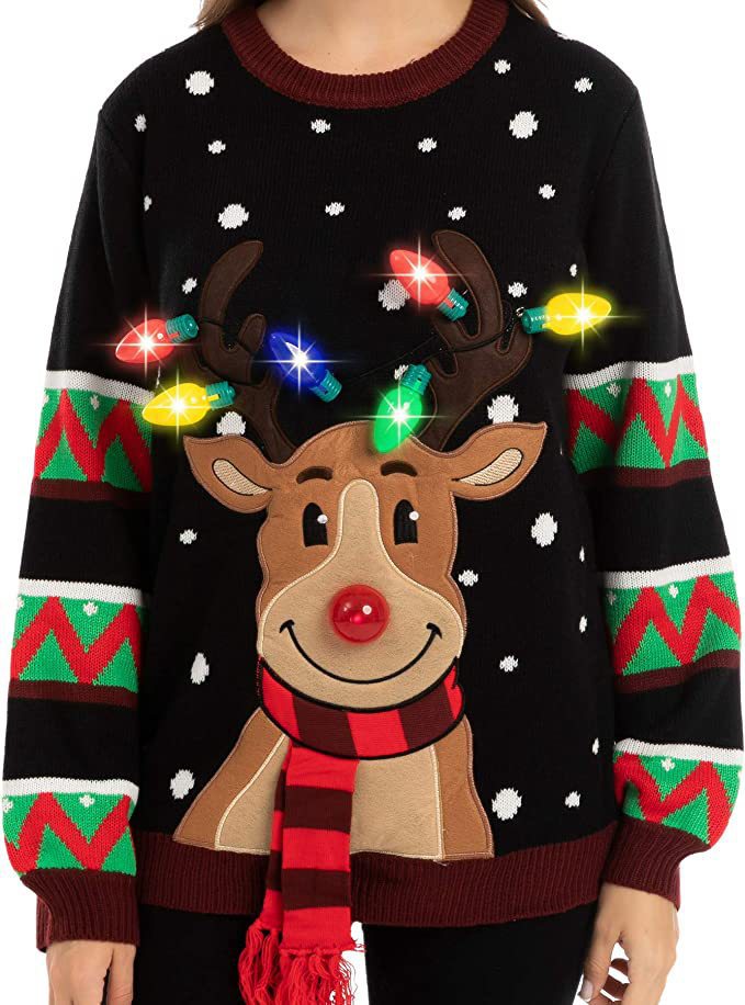 Damen nan weihnachtlicher Strickpullover mit Rentierapplikation integrierter Lichterkette und dreidimensionalem Nasenpompom Drune
