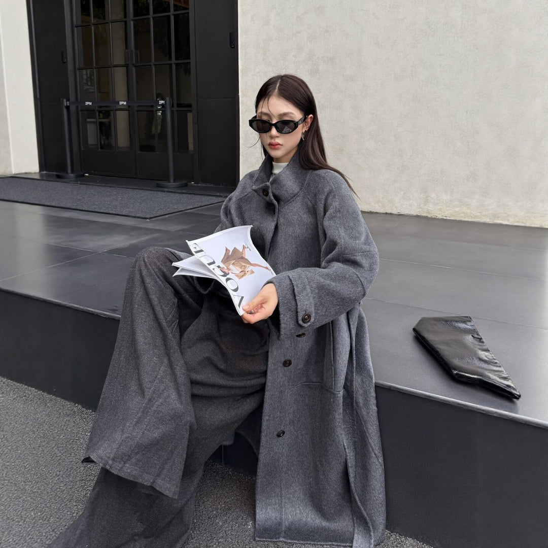 Damen Oversize Wollmantel mit Stehkragen und großen Pattentaschen Drune