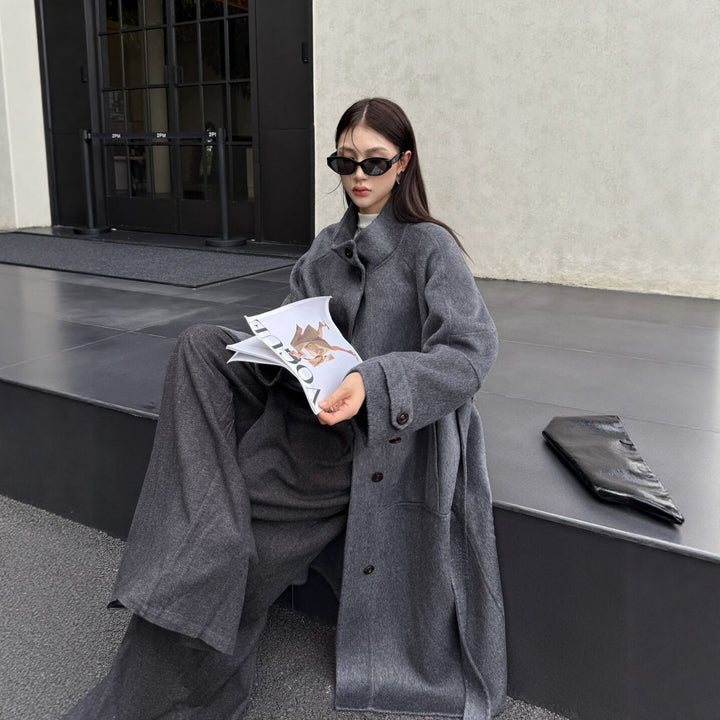 Damen Oversize Wollmantel mit Stehkragen und großen Pattentaschen Drune