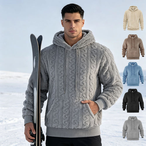 Herren Sherpa-Kapuzenpullover mit Zopfmuster, Kängurutasche und Rippbündchen Drune