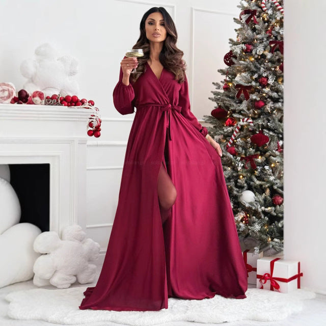Damen hochgeschlitztes elegantes Maxikleid mit Wickel-Detail Drune