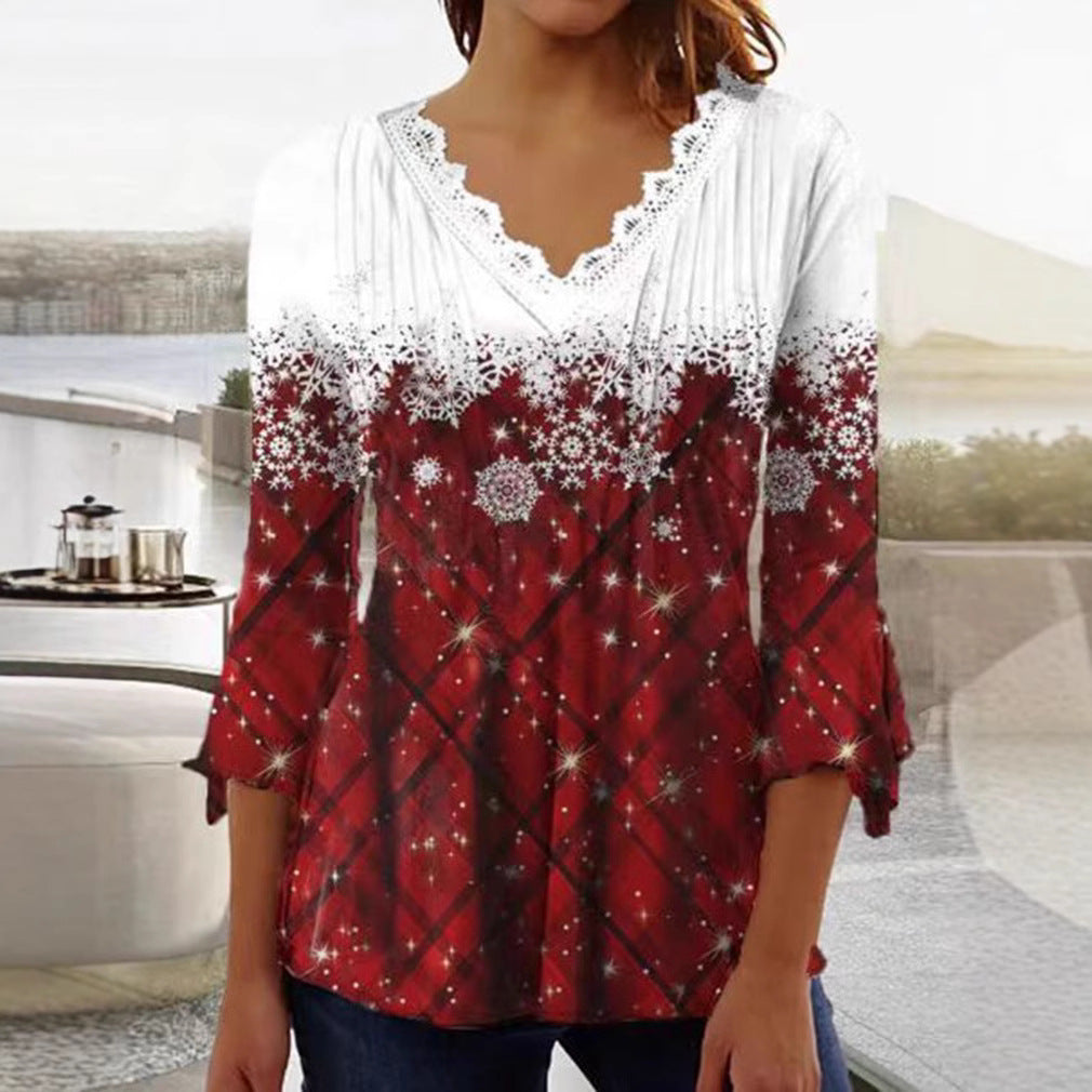 Damen nan Tunika-Bluse mit Spitzen-V-Ausschnitt, feiner Plissee-Passe und winterlichem Schneeflocken-Print Drune