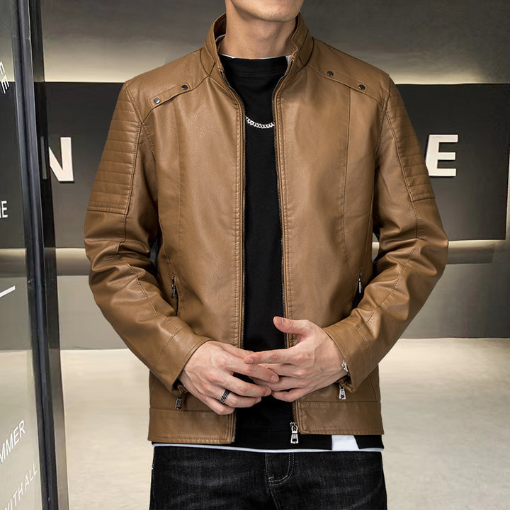 Herren Slim-Fit Kunstleder-Bikerjacke mit Stehkragen und Reißverschlusstaschen Drune