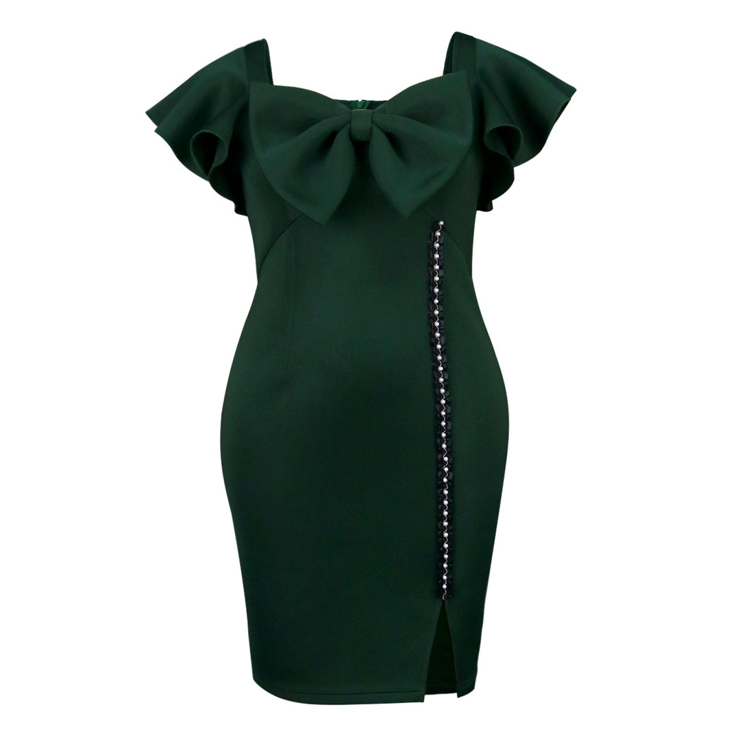 Damen figurbetontes Kleid mit großem Schleifenakzent und seitlichem Schlitz Drune