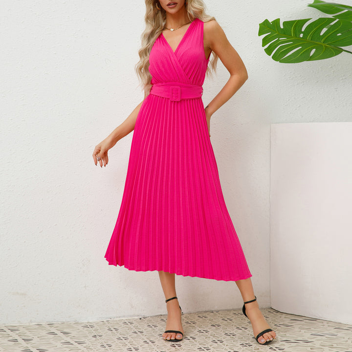 Damen Plissee Maxikleid mit taillierbarem Gürtel und elegantem V-Ausschnitt Drune