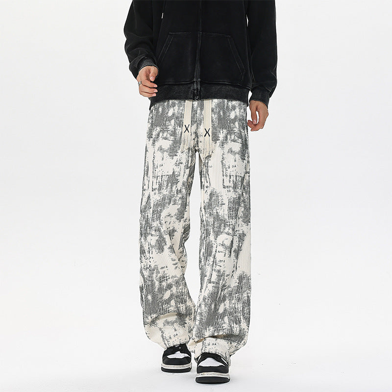 Herren Weit geschnittene Loungehose mit abstraktem Allover‑Print, elastischem Bund und Tunnelzug Drune