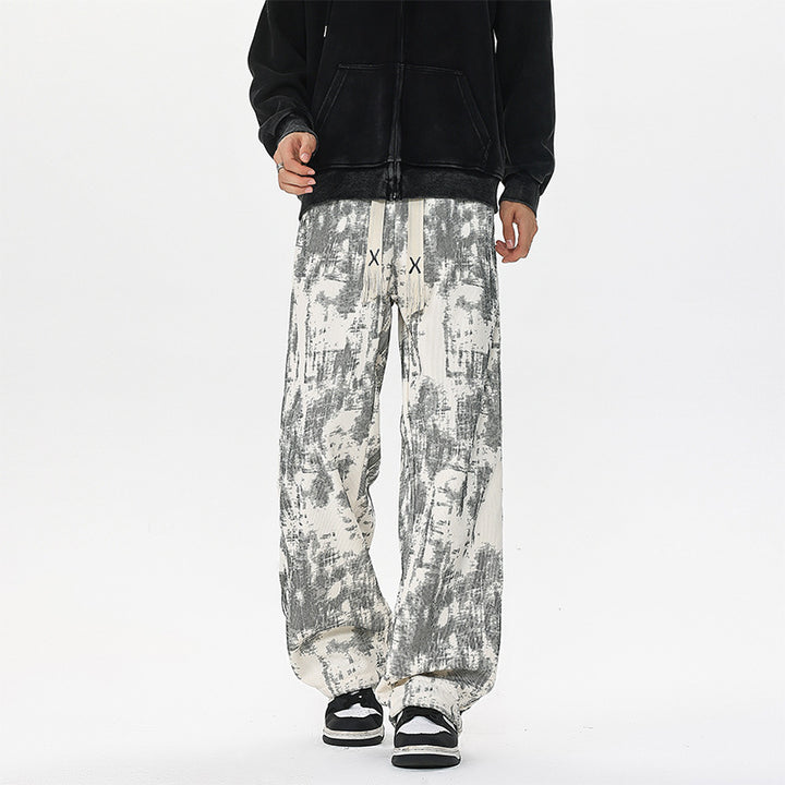 Herren Weit geschnittene Loungehose mit abstraktem Allover‑Print, elastischem Bund und Tunnelzug Drune