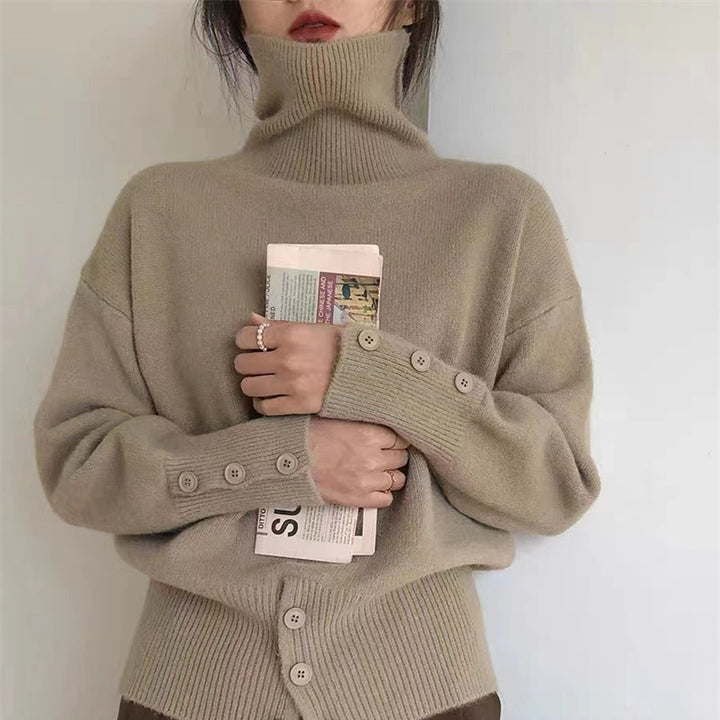 Damen kuscheliger Rollkragenpullover mit Knopfdetails Drune