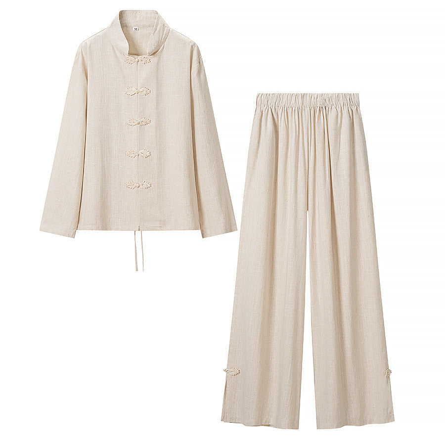 Damen Zweiteiliges Leinen-Set mit Stehkragen, Zierknotenverschlüssen und elastischer Weitbein-Hose Drune