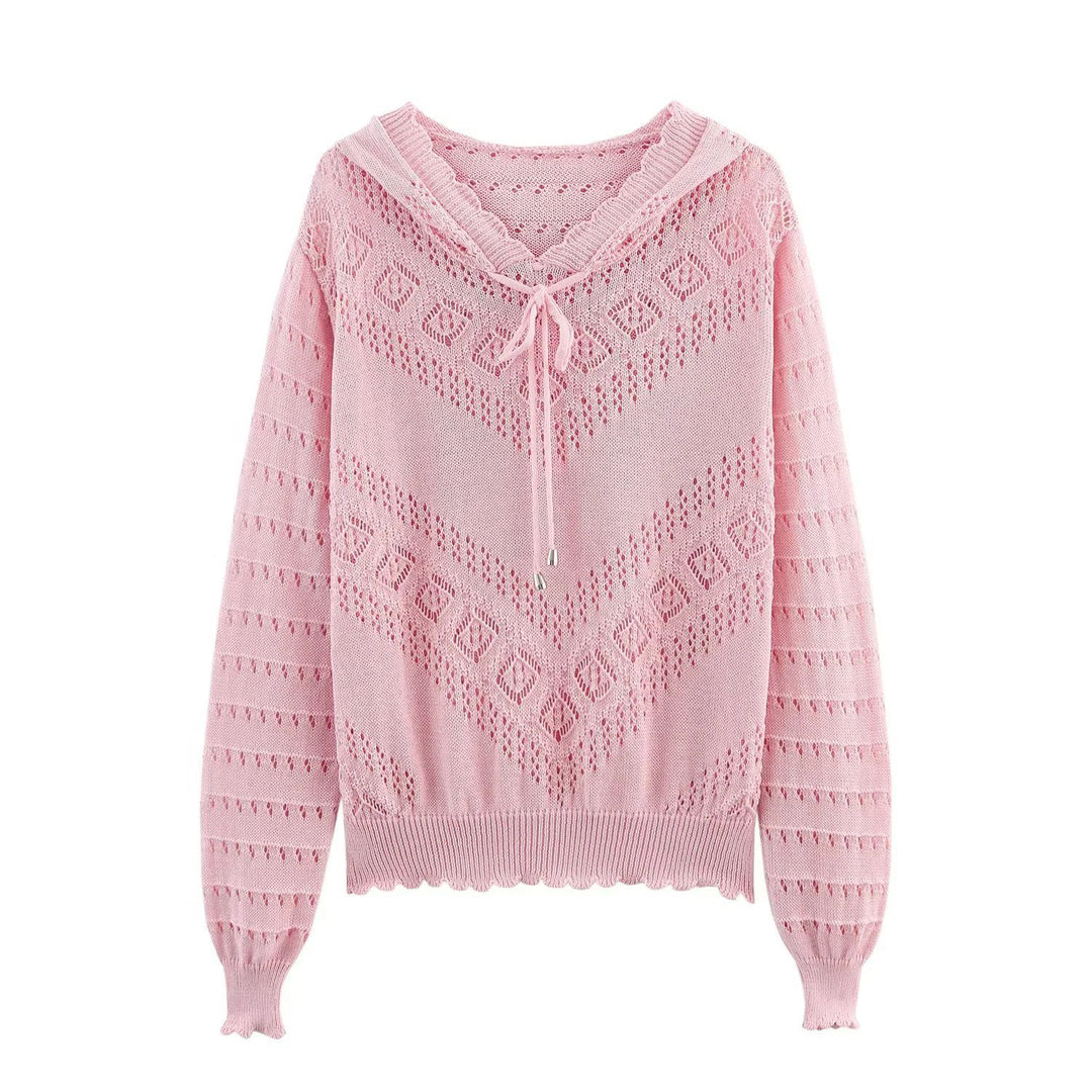 Damen nan Kapuzen-Strickpullover mit Ajourmuster, Tunnelzug und Ballonärmeln Drune