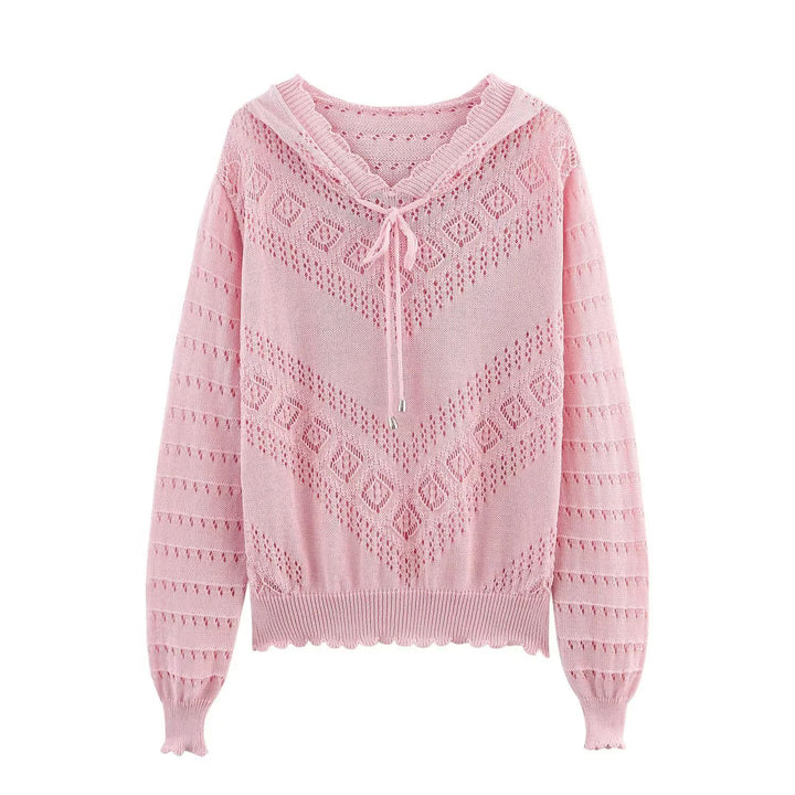 Damen nan Kapuzen-Strickpullover mit Ajourmuster, Tunnelzug und Ballonärmeln Drune