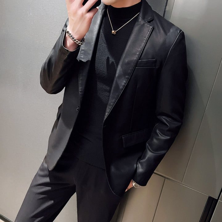 Herren eleganter Slim-Fit Lederimitat-Blazer mit Reverskragen und Pattentaschen Drune